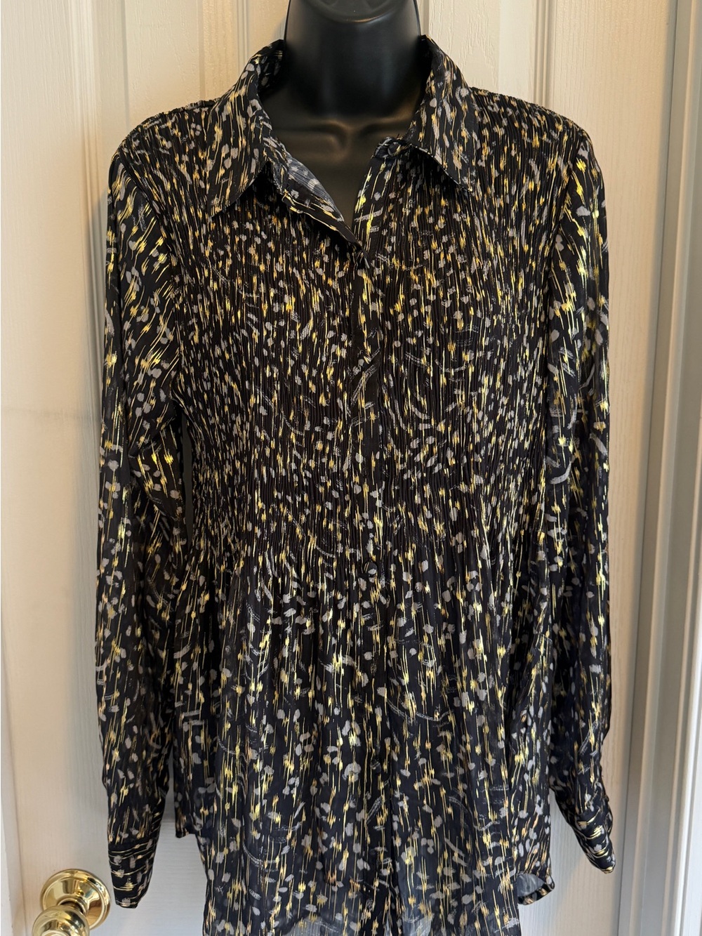 Spense Black Button-Down Shirt with Gold & Gray Floral Print